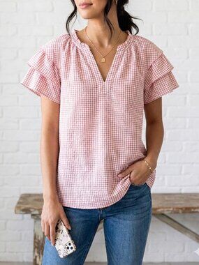 Nanette Lepore Pink Gingham Ruffle Blouse | Size S | Cottagecore Feminine Coquet